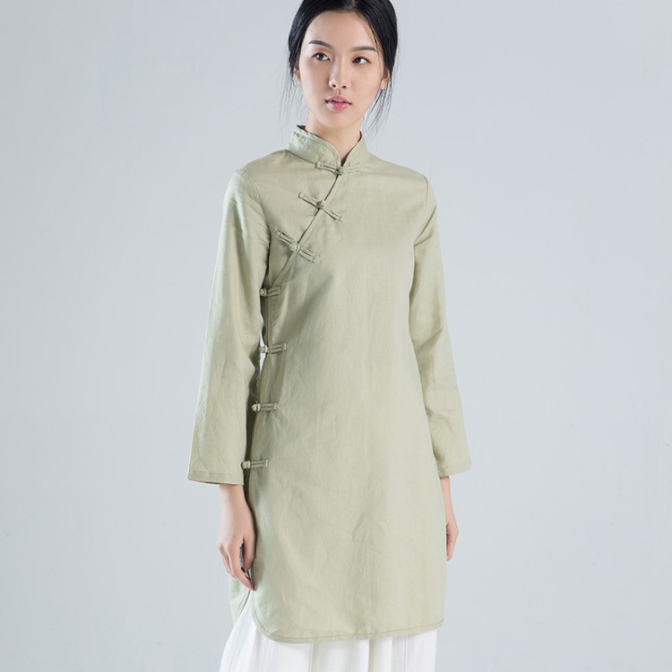 春夏手工盤扣中長款女式襯衫 立領改良旗袍上衣棉麻茶人服