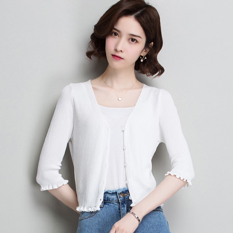 春季韩版v领短款针织小开衫毛衣女修身薄款空调衫小外套披肩上衣