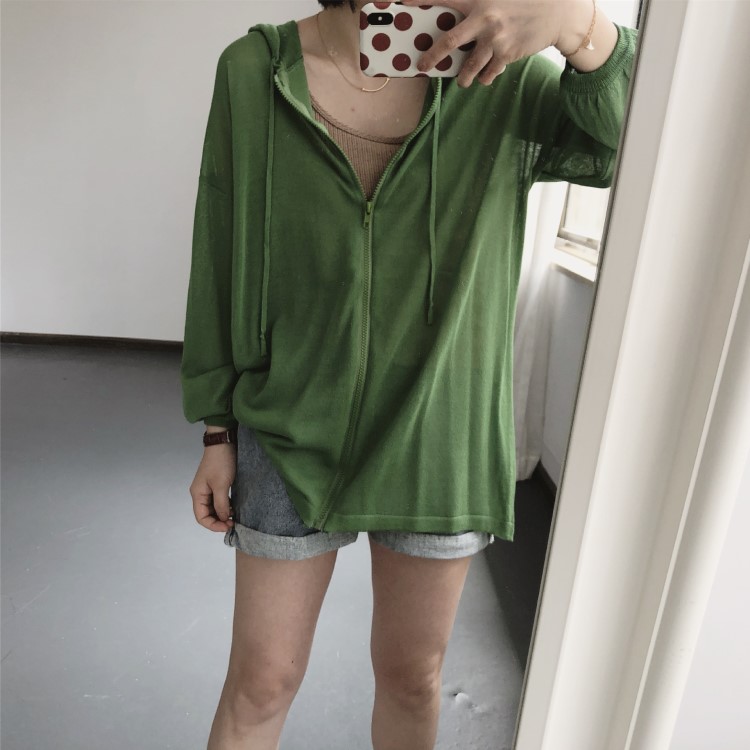 梵伊服饰 2019夏装 色连帽抽绳冰丝拉链宽松夏日百搭防晒服开衫