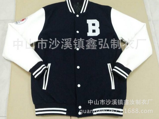 廠家定制pu皮袖子毛呢休閑棒球衫來圖刺繡貼布單排扣立領外套夾克