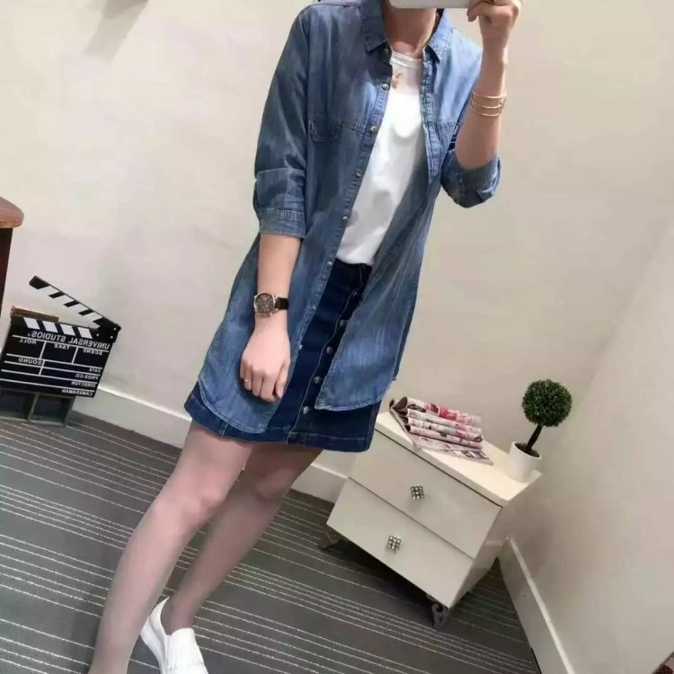 韓版新款時尚七分袖暗口袋天絲棉中長款修身百搭牛仔襯衫0106