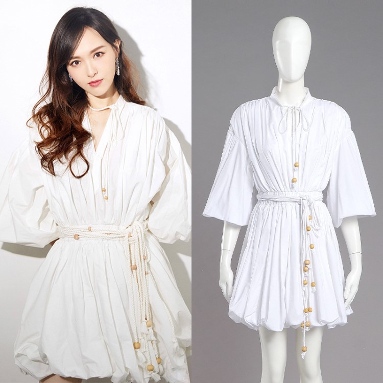唐嫣明星同款女裝連衣裙女2019春季新款氣質(zhì)通勤白色修身燈籠裙潮