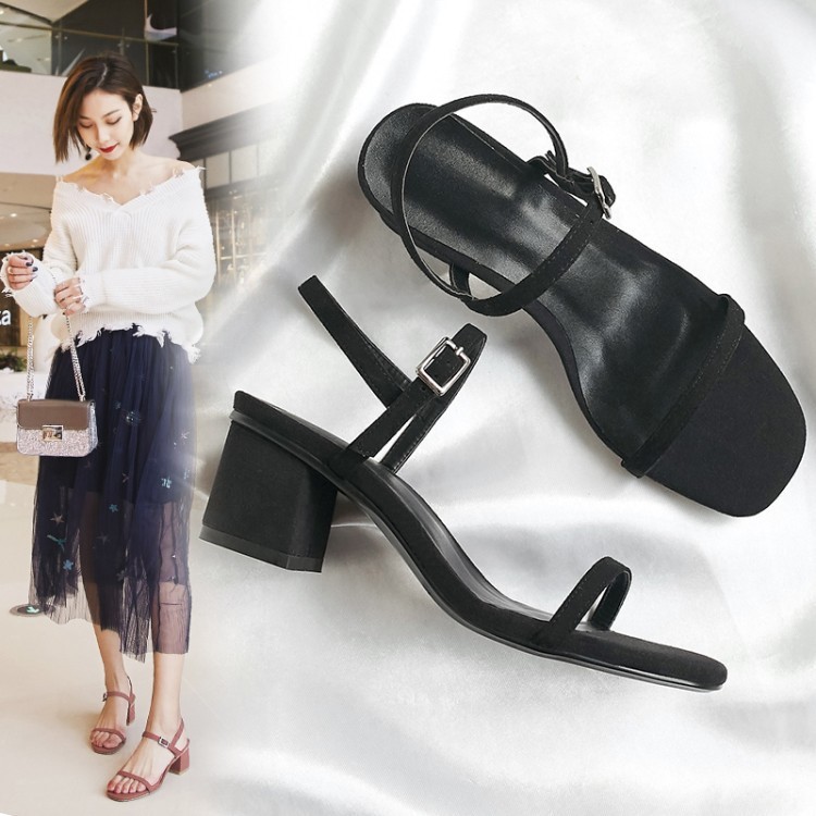 韓版2018新品晚晚同款一字扣5CM中跟真皮ulzzang涼鞋女夏一件代發