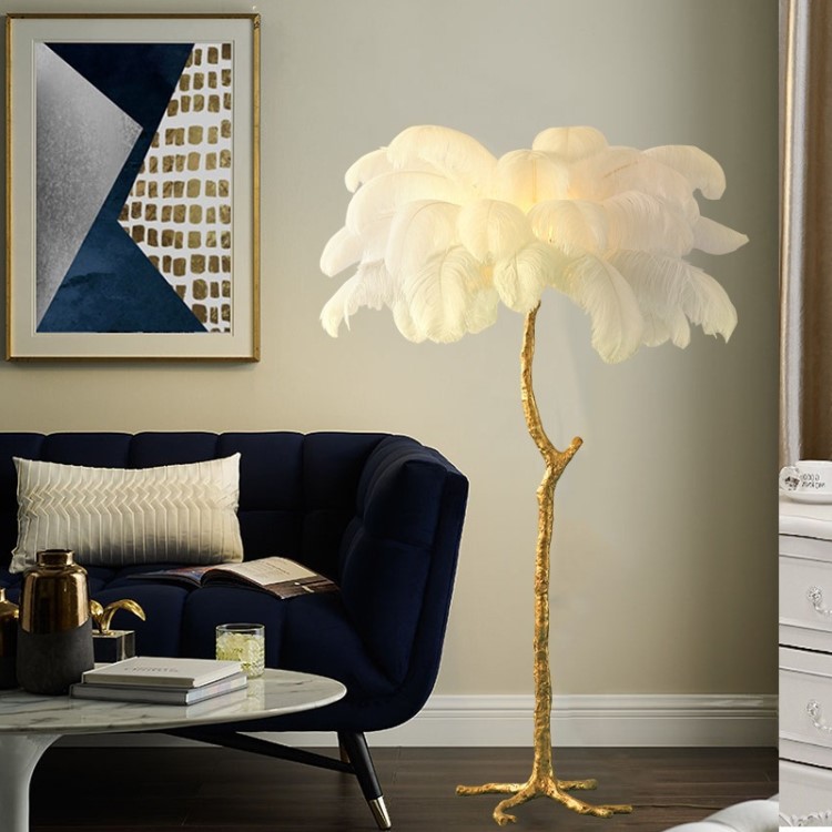 北歐輕奢全銅客廳燈羽毛落地燈奢華網紅公主臥室床頭樹枝立式臺燈