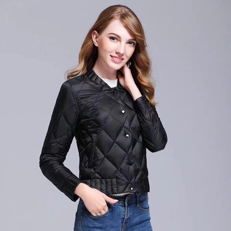 17超輕薄羽絨服女修身菱形格圓領單排扣白鴨絨外套反季清倉