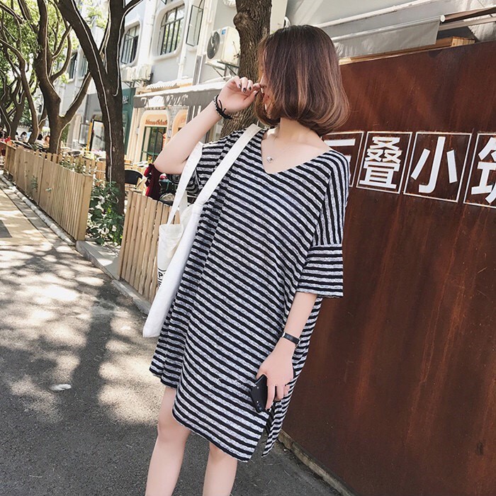 2012孕婦裝夏新款寬松遮肚條紋中長(zhǎng)款減齡顯瘦T恤連衣裙