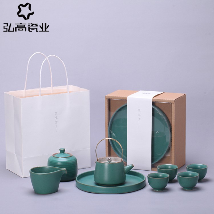 仿古漫生活茶具套組古陶茶具一壺四杯帶茶盤茶海茶罐汝窯茶具套裝