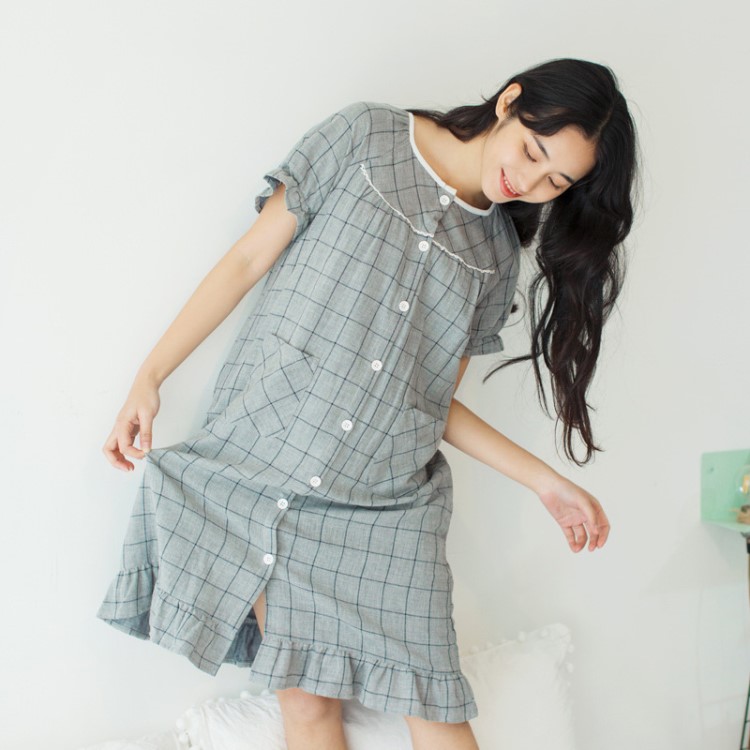 2018春夏日式棉女士睡衣簡約休閑短袖寬松大碼家居服睡裙女