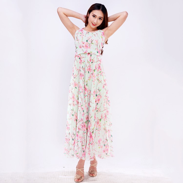廠家直銷 背部綁帶式櫻花雪紡裙 波西米亞印花大擺裙連衣裙