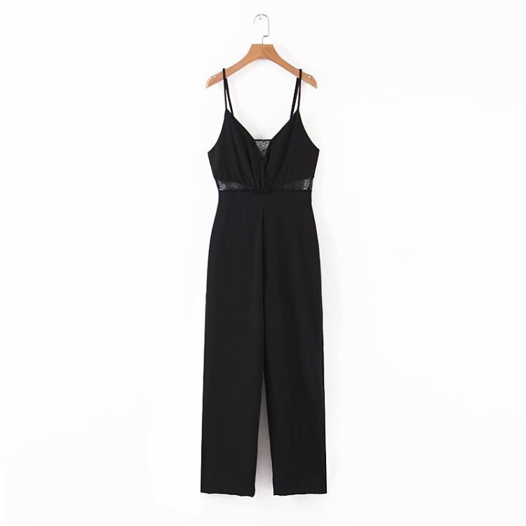 歐美風女裝批發 2019夏季新款V領蕾絲拼接吊帶連體闊腿褲女C9146