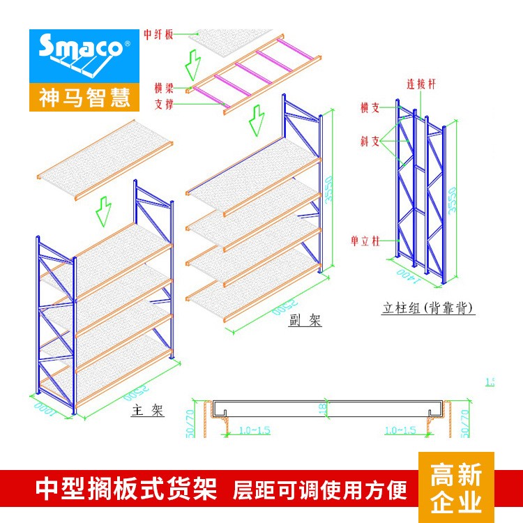 神马智慧超市层板货架主副架结构每层承载300kg超市货架 加工订制