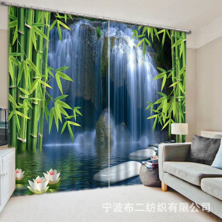 竹子瀑布圖案畫面感強烈臥室客廳雙用高遮光窗簾精美窗紗