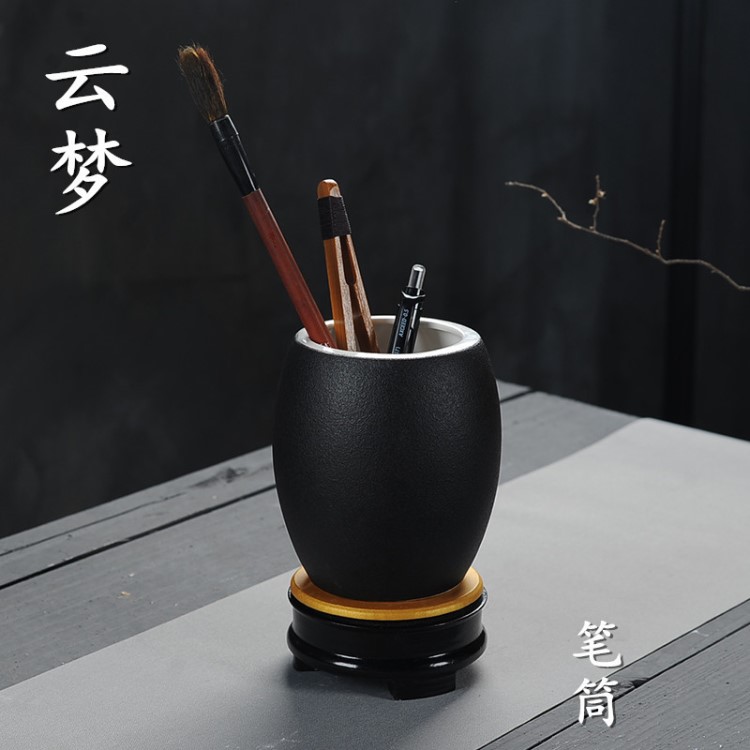 個性黑陶大號復古筆筒擺件臺灣文房工藝旋轉式陶瓷毛筆插文玩禮品