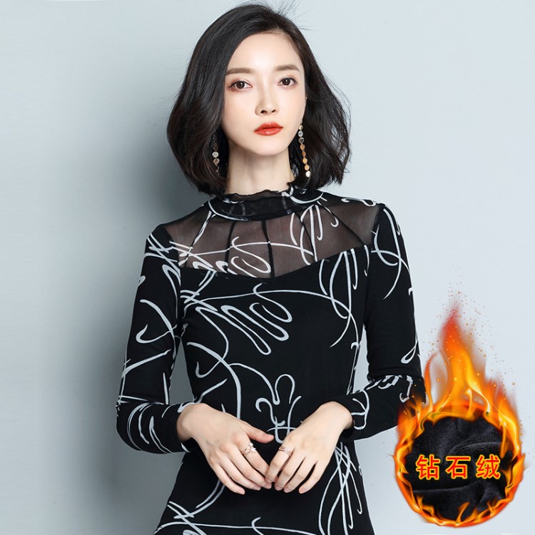 2019冬裝新款加厚加絨保暖女士?jī)?nèi)衣時(shí)尚顯瘦立領(lǐng)印花打底衫女上衣