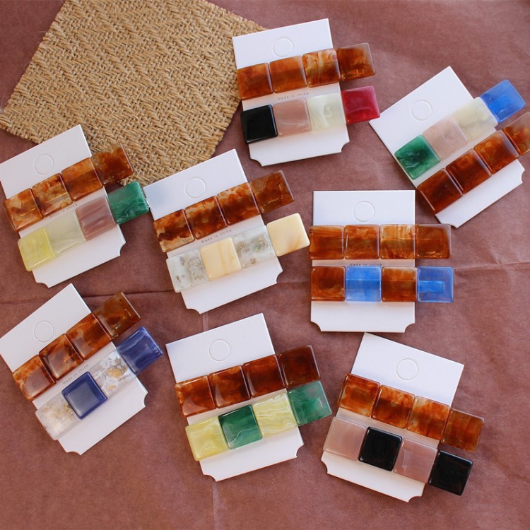 2個裝 ins風拼色樹脂方塊幾何發夾組合 韓國復古森林系劉海夾發飾