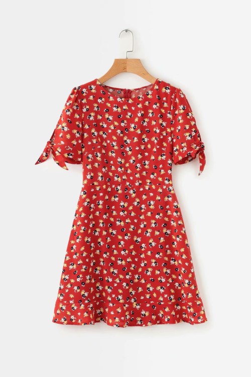 b8140-欧美风女装批发2019夏季新款 圆口打结碎花短袖连衣裙