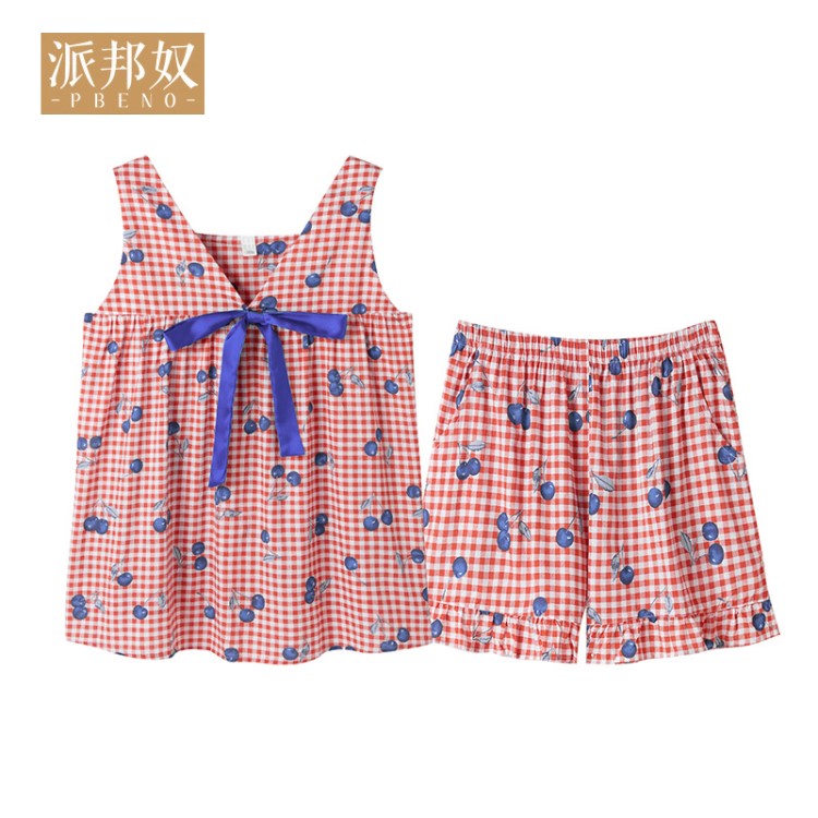 2019夏季梭织背心吊带两面穿大码女装夏韩版两件套短裤套装家居服