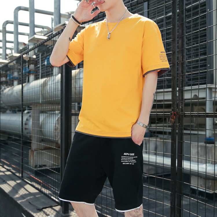 休閑套裝男夏季短袖t恤短褲套裝男士韓版潮流運(yùn)動(dòng)兩件套批發(fā)團(tuán)購(gòu)