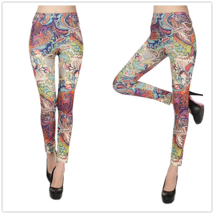 9280歐美風(fēng) 時(shí)尚彩色腰果花印花打底褲 tattoo leggings