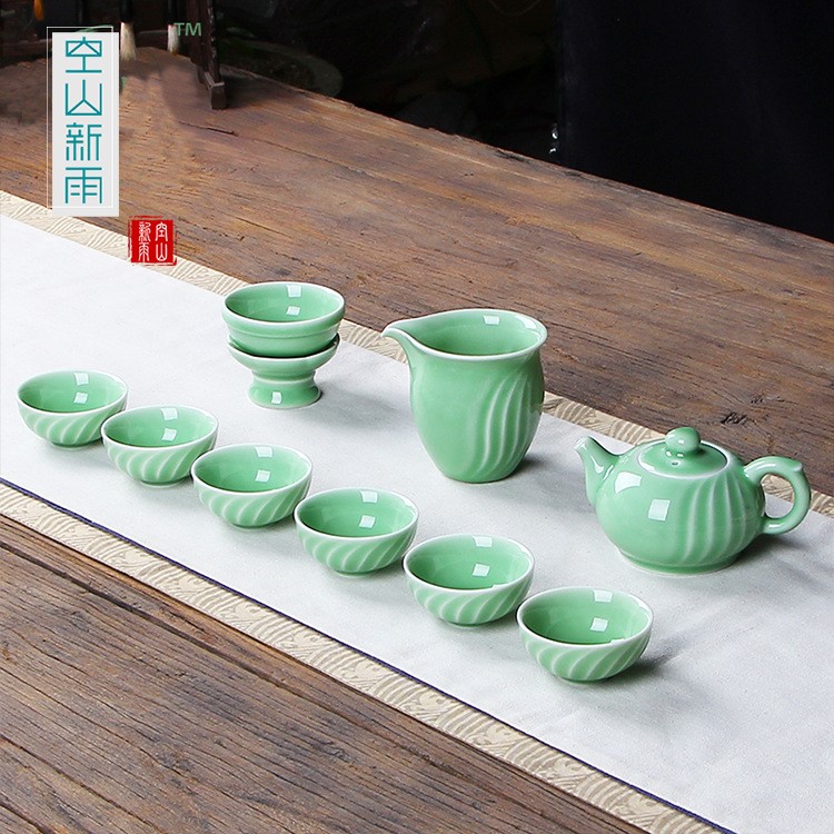 空山新雨 龍泉窯青瓷10頭功夫茶具 創(chuàng)意陶瓷禮品茶具套裝定制