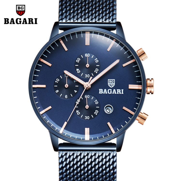 BAGARI三眼六针2019男士多功能日历防水爆款手表watches for men