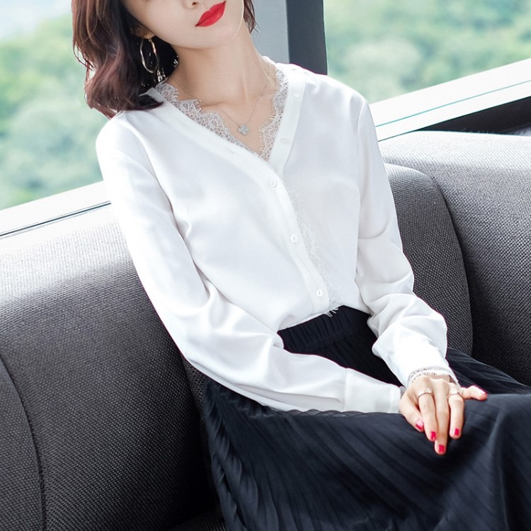 2019春夏新品韩版时尚v字领长袖雪纺衫上衣 宽松蕾丝边长袖衬衫女