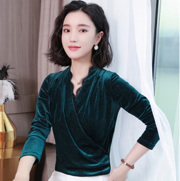金絲絨打底衫2019秋裝新款女時尚V領(lǐng)睫毛蕾絲長袖上衣t恤女