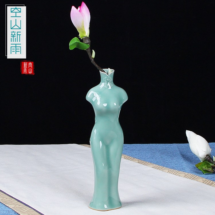 空山新雨 龍泉青瓷旗袍花器 陶瓷花插花瓶中式家居陶瓷工藝品擺件