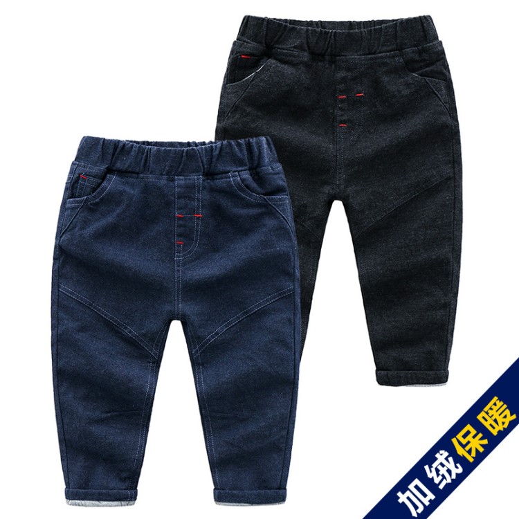 新款秋款款外貿(mào)原單品牌童裝男童兒童夾棉加厚保暖彈力磨毛牛仔褲