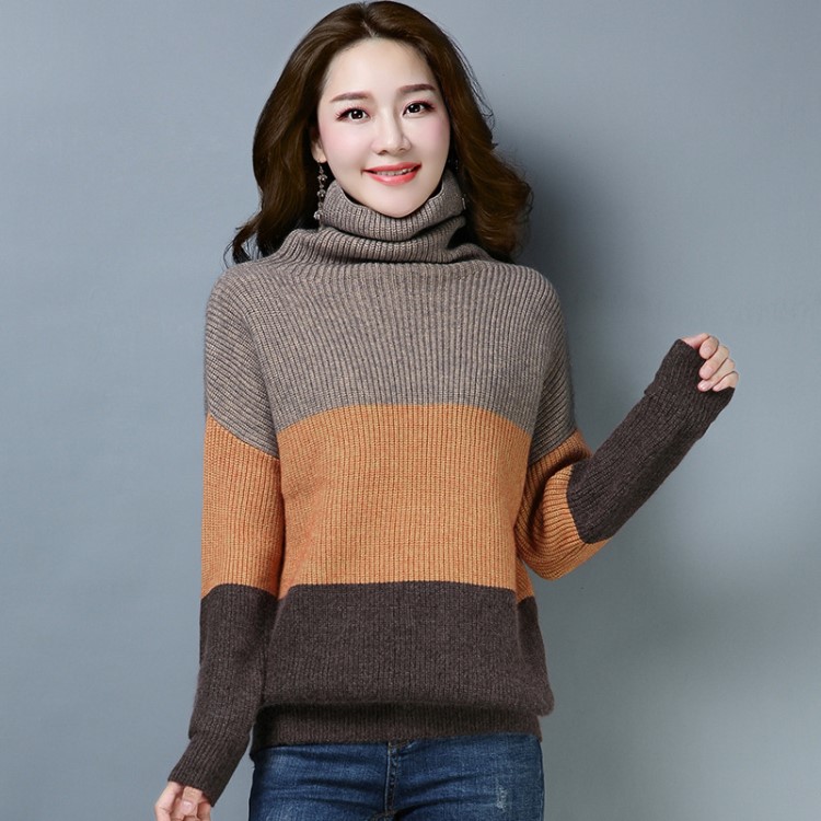 2019秋冬新款宽松短款女装毛衣女堆堆领套头针织衫拼色百搭打底衫