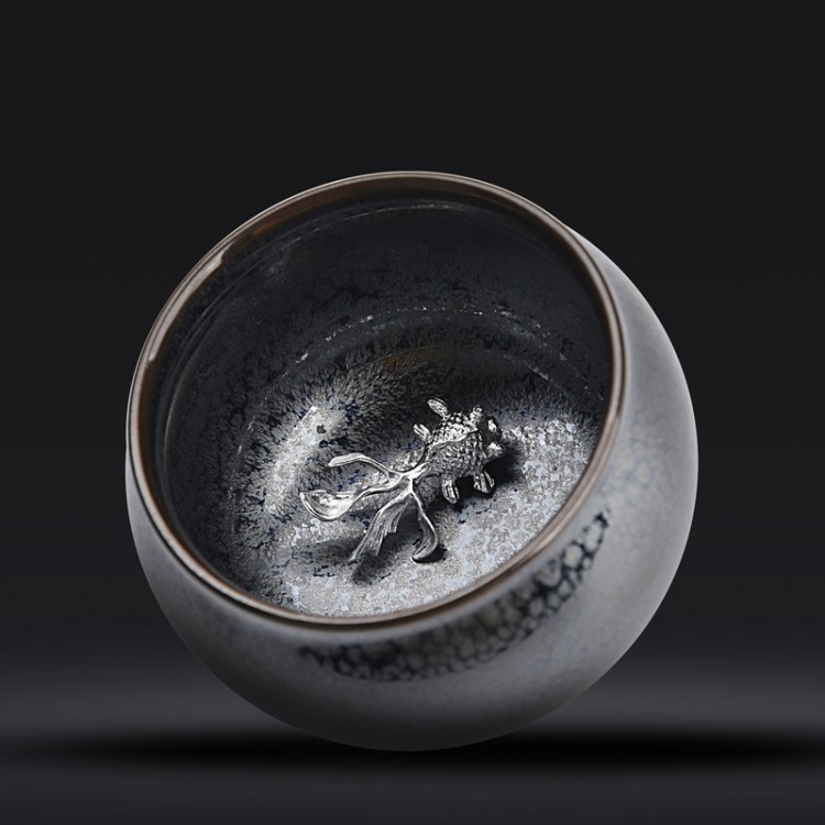 陈为椿镶银鱼天目星空釉建盏茶杯陶瓷窑变家用名家功夫主人单杯盏