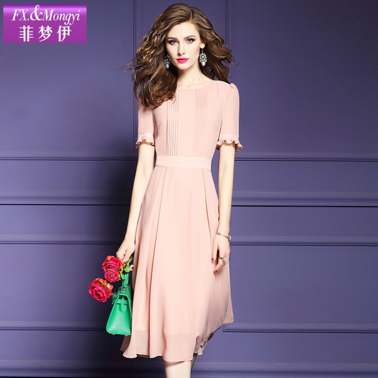 菲梦伊雪纺连衣裙夏季2019新款圆领短袖色中长款a字裙显瘦16312
