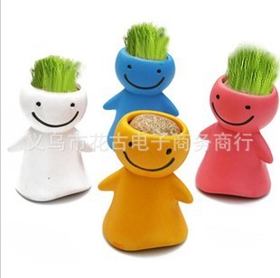 Diy長草頭娃娃 陶瓷植物工藝品 迷你盆栽 家居辦公擺件 晴天娃娃