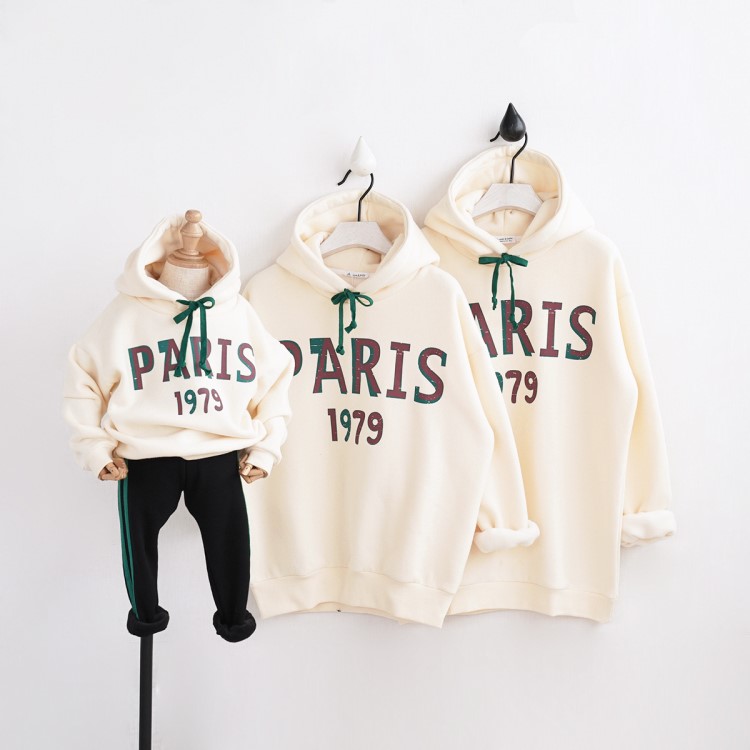 2017冬季新款童裝加厚抓絨PARIS保暖印花家庭裝衛(wèi)衣親子裝一件代