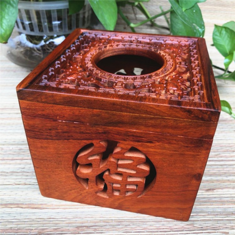 供應越南花梨木紙巾盒 實木雕刻蝙蝠 鏤空福字正方形紙抽盒