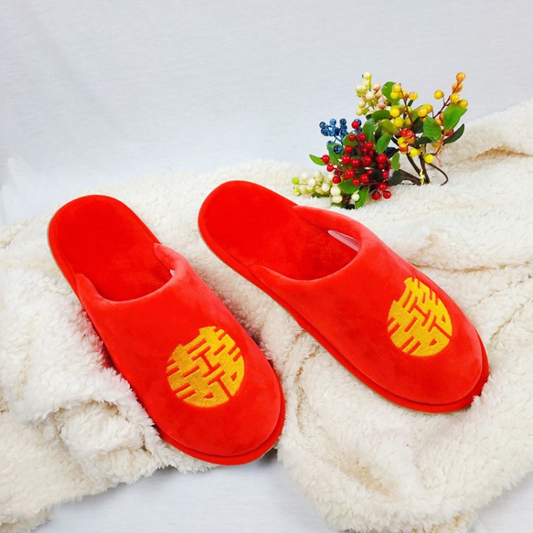 雙喜鹿皮絨款情侶喜慶拖鞋 婚慶大底拖鞋 短毛絨橡膠底環保拖鞋