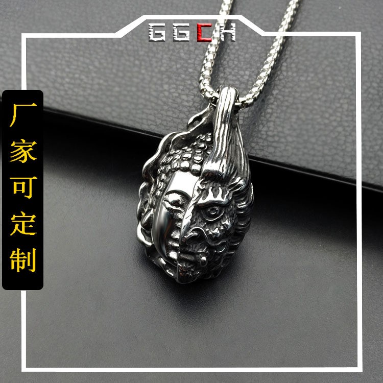 鈦鋼歐美潮流男士項鏈不銹鋼霸氣潮男一念之間半魔佛吊墜廠家直銷