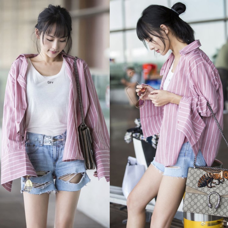 夏季张嘉倪明星同款豆粉色条纹衬衫t袖破洞牛仔裤短裤女
