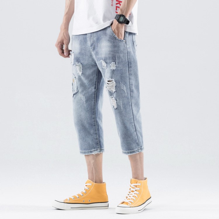 2019夏裝七分牛仔褲男褲子韓版復(fù)古修身乞丐破洞短褲男式7分褲男