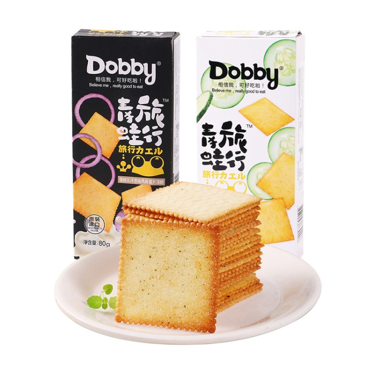 臺灣Dobby哆比清爽黃瓜味馬鈴薯薄餅酸乳洋蔥味零食80g盒裝