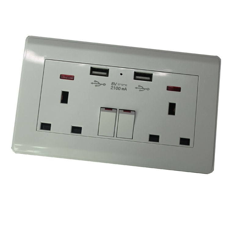 UK雙位英規墻面插座帶雙5VUSB多功能插座防浪涌保護三孔插廠家