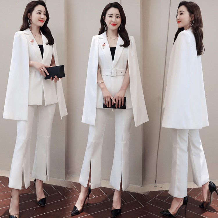 時尚兩件套女春秋2019韓版休閑氣質斗篷外套女披肩小西裝褲套裝潮