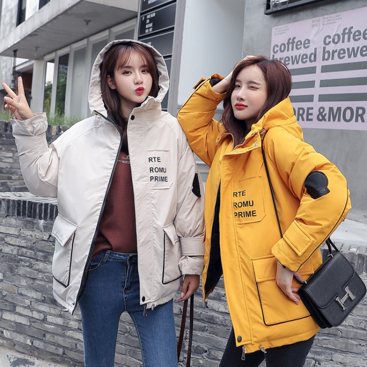 2019秋冬新款時尚韓版修身女士羽絨棉服網紅工裝外套連帽棉衣批發