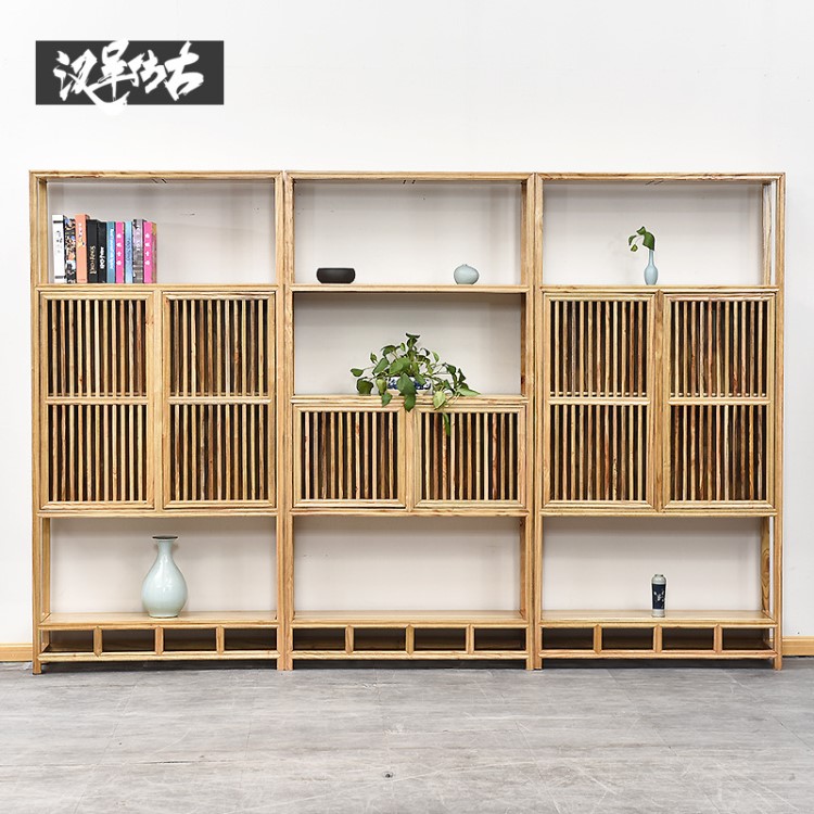 創(chuàng)意實木禪意書柜新中式落地帶柜書架簡易落地置物架古玩博古架