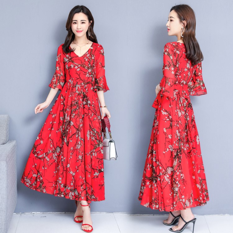 2019印花裙子夏女新款长款连衣裙碎花雪纺超仙收腰沙滩大摆超长裙