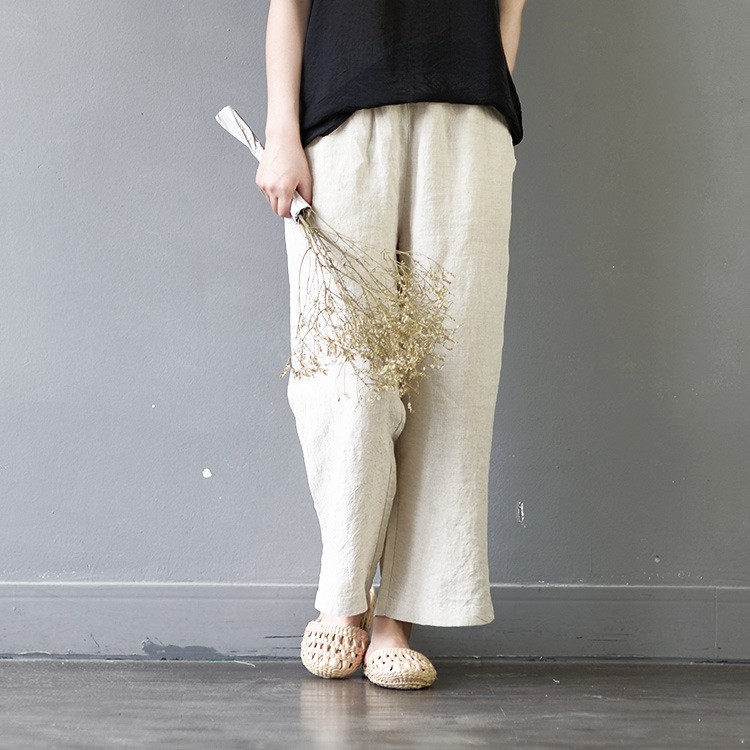 原創(chuàng)文藝九分開叉亞麻休閑褲女寬松大碼松緊腰棉麻闊腿褲 S368