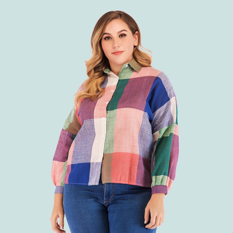 2019速賣通外貿(mào)秋款大碼寬松格子襯衫蝙蝠袖百搭襯衣 女JR2201