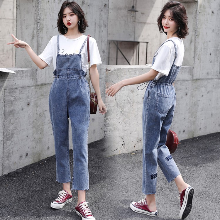 新款女款時尚潮流修身2019年夏季牛仔背帶褲簡約顯廋百搭一件代發