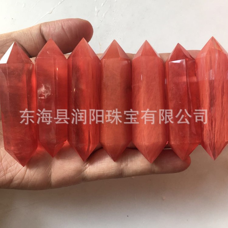 人造熔煉水晶 擺件紅熔煉石雙尖六棱水晶柱紅熔煉石柱擺件 批發(fā)