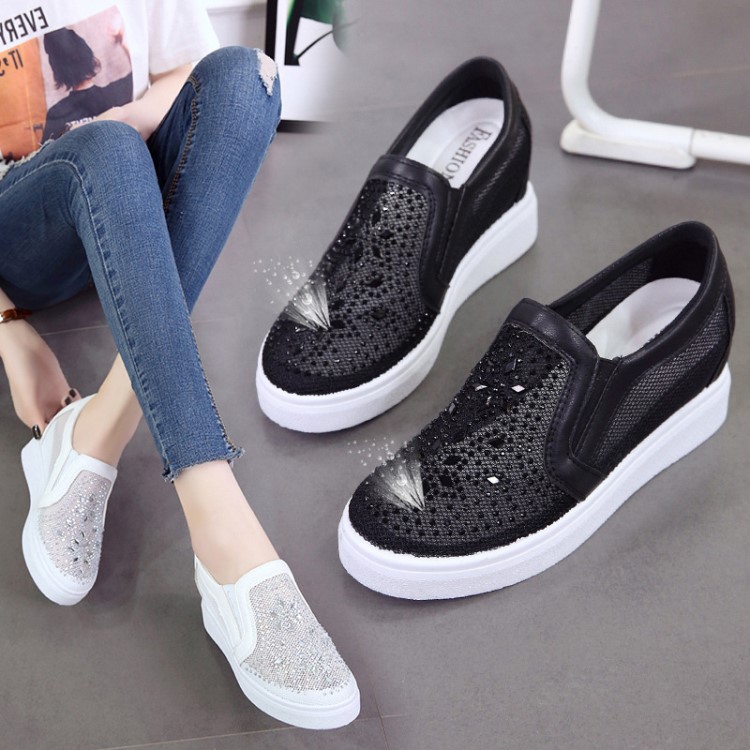 韓版2019夏新小白平底休閑鞋水鉆網紗運動單鞋透氣網鞋內增高女鞋